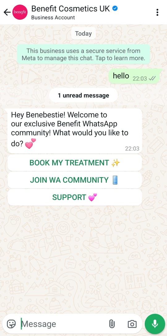 Benefit Cosmetics 推出了專屬的 WhatsApp 群組聊天