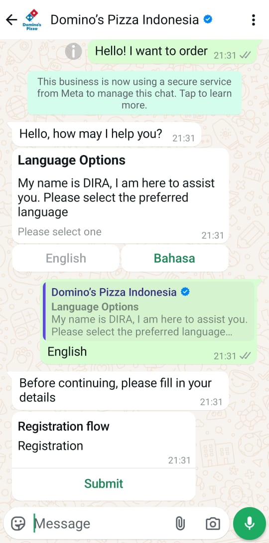 Domino's Pizza 印尼利用 WhatsApp 上的 DIRA