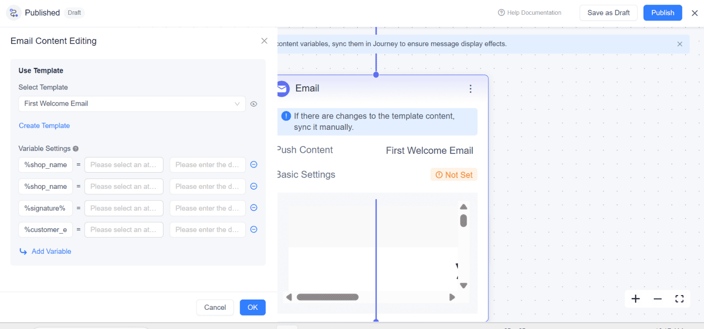 user journey email component config