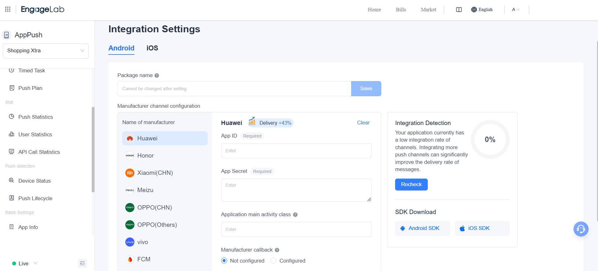 EngageLab multi-channel configuration for push email SMS WhatsApp