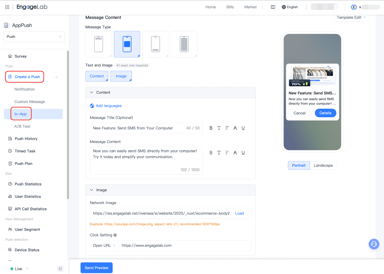 engagelab create push notification preview