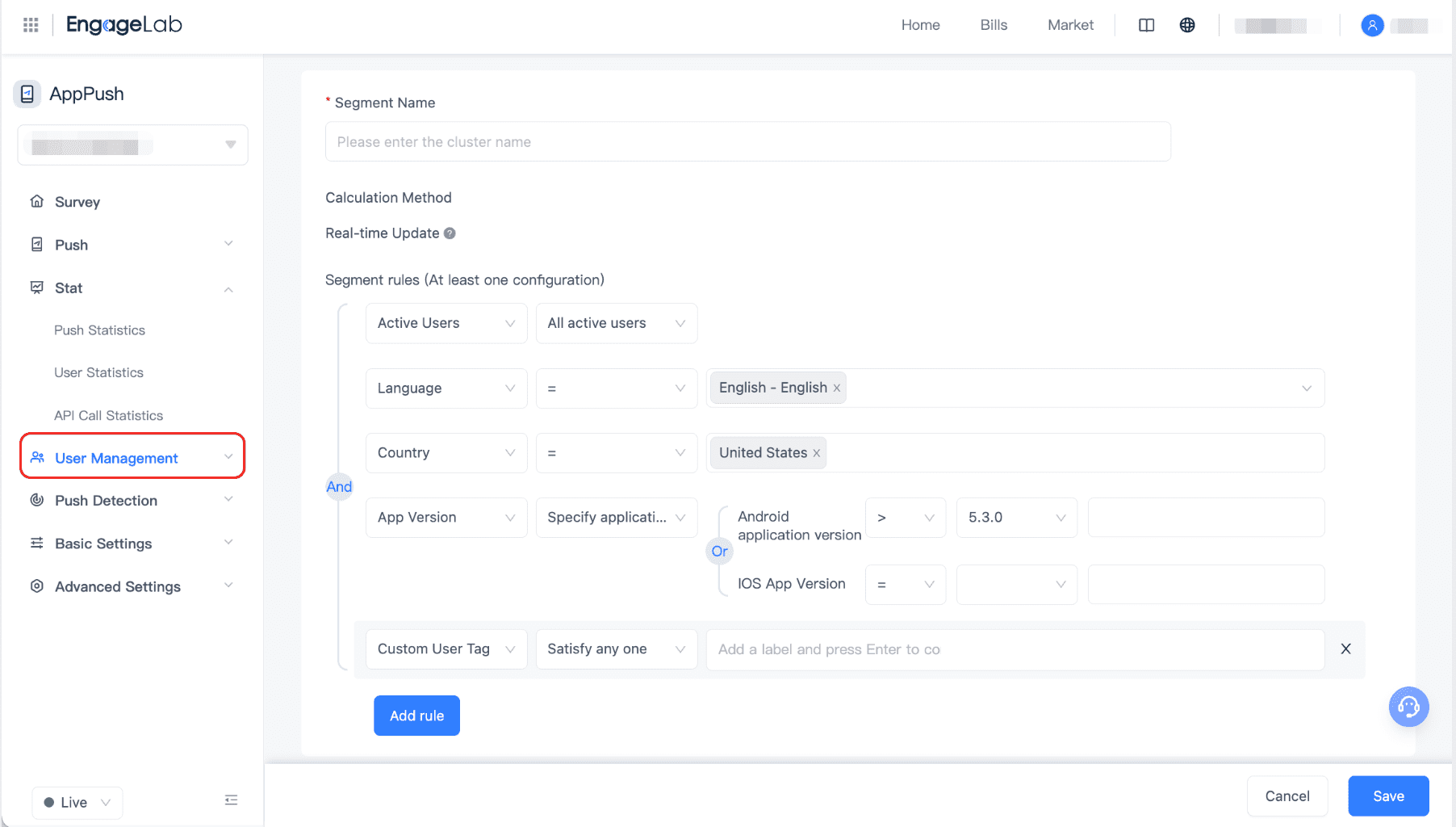 engagelab push notification create segment