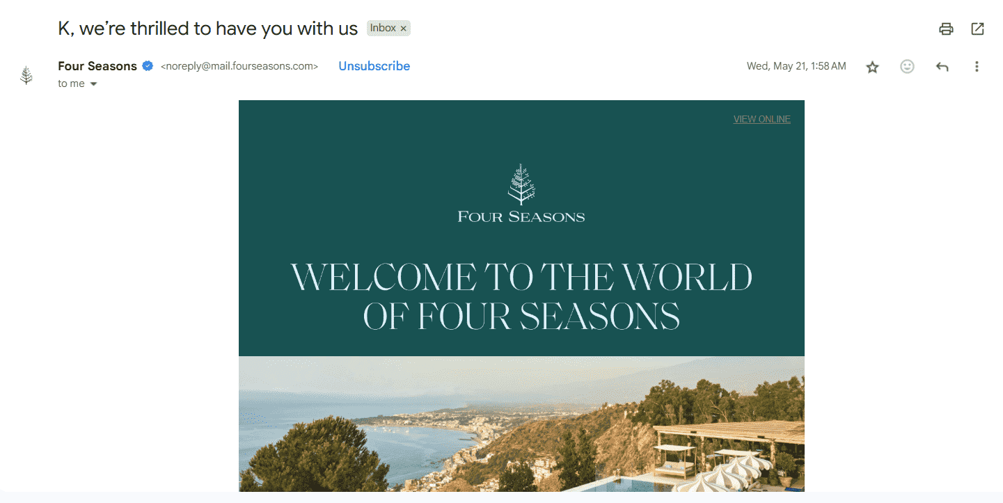An automated email in the hospitality industry