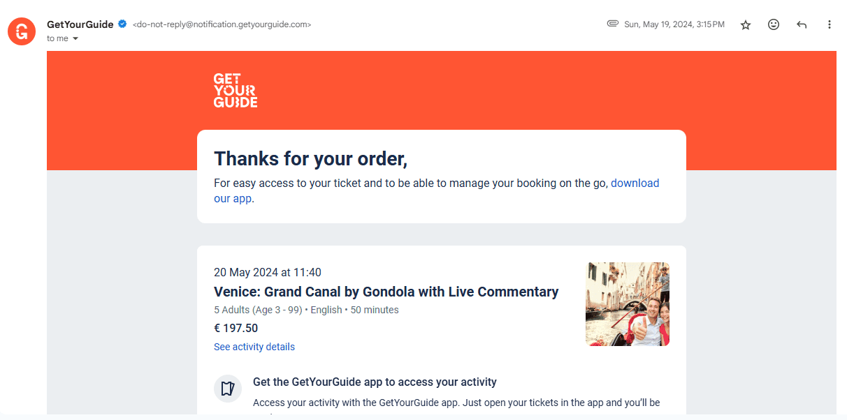 An invoice email from GetYourGuide