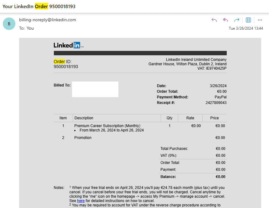 An invoice email from LinkedIn