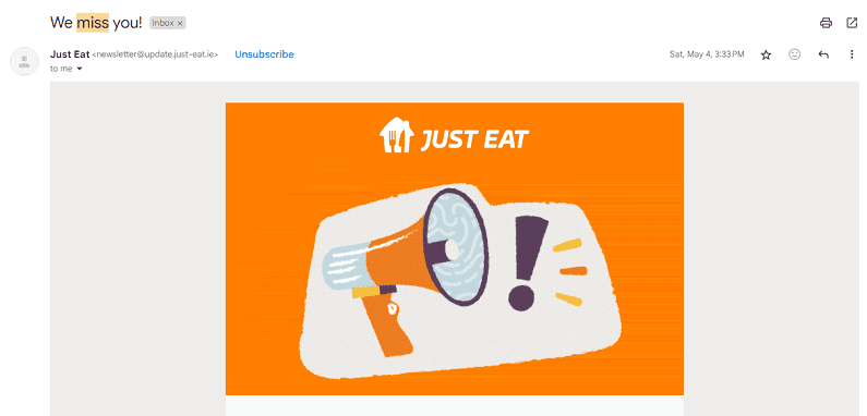 JUST EAT re-engagement email campaign to improve customer retention and increase customer lifetime value