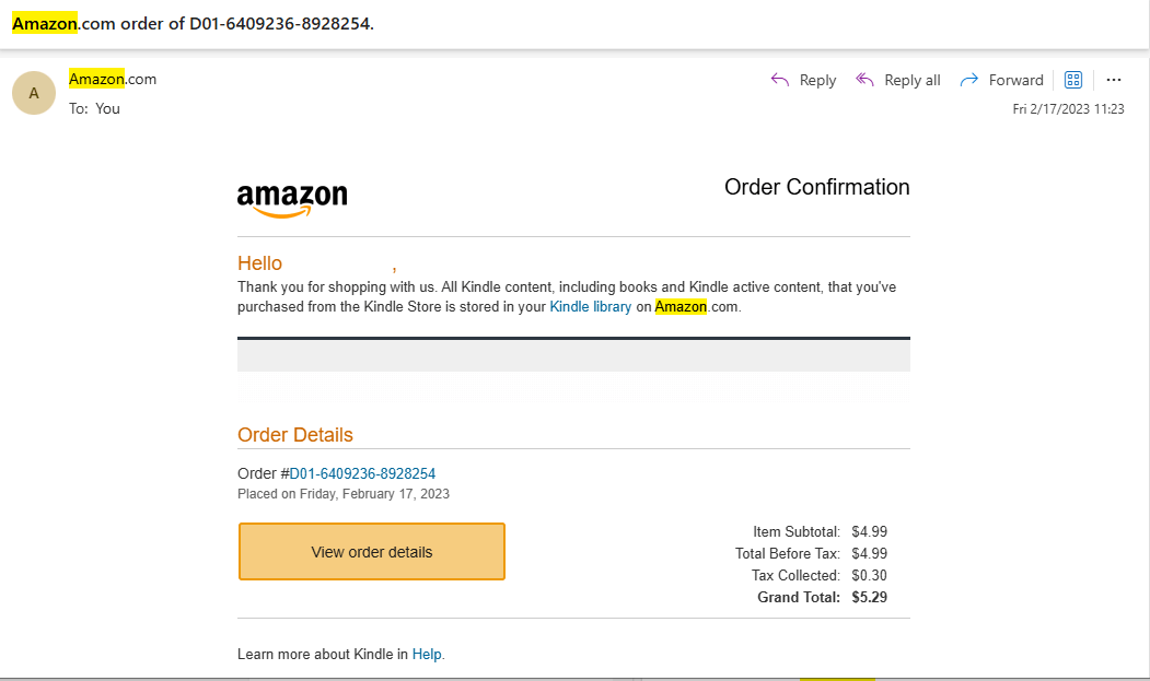 Amazon’s order confirmation email is very clear