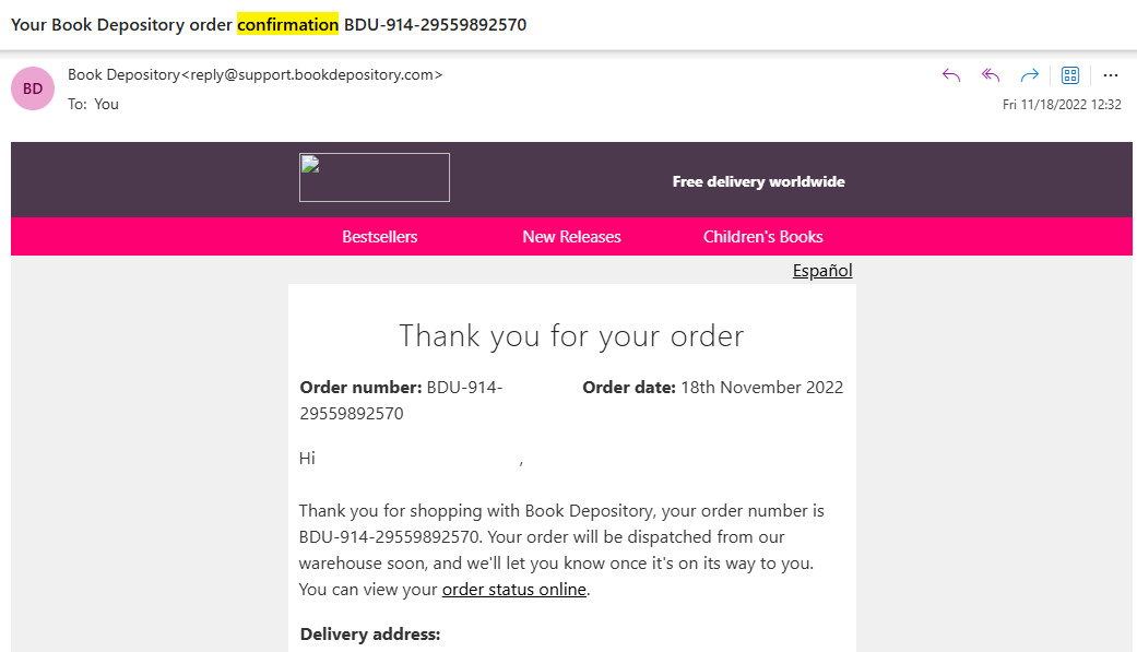 A basic order confirmation email with all the necessary information