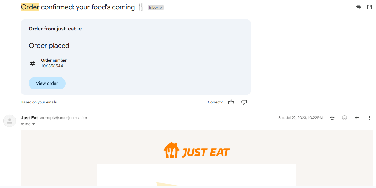 Just Eat’s order confirmation message
