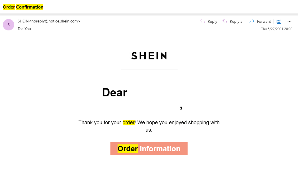 An order confirmation email confirms that the e-shop has received the
  order