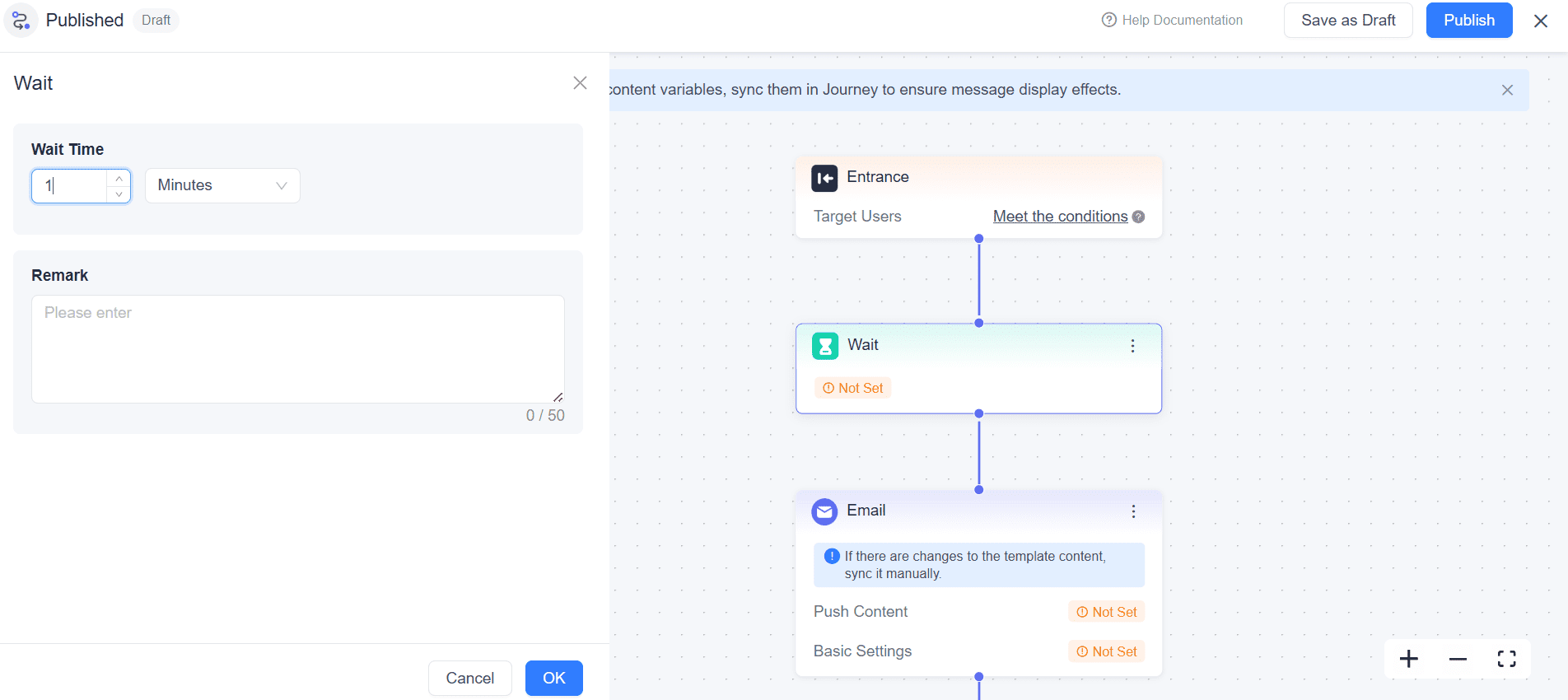 user journey wait component config