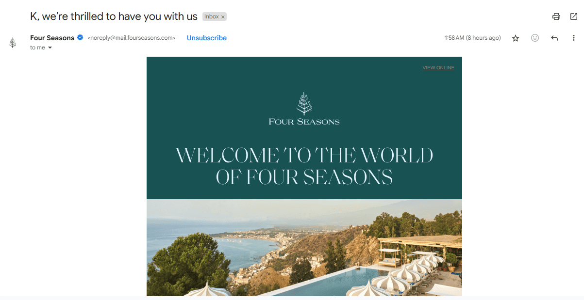 Four Seasons welcome email